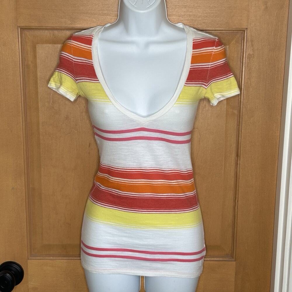 Y2K Long T-shirt Deep V Layering American‎ Eagle AEO Size XXS Cotton S/S Stripes